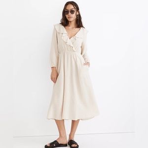 Madewell Linen-Cotton Ruffle-Neck Midi Dress
